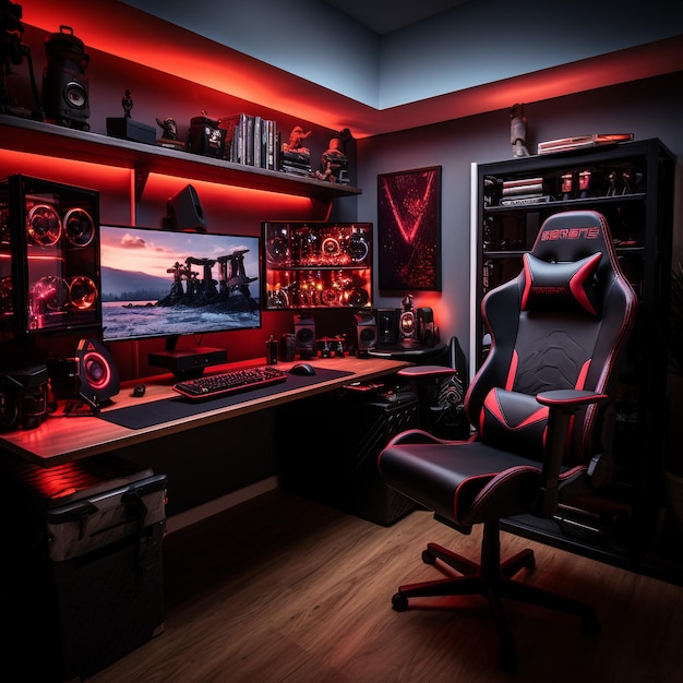 Configurazione del computer da gioco, illuminazione RGB e sala con illuminazione RGB, sedia da gioco con monitor curvo