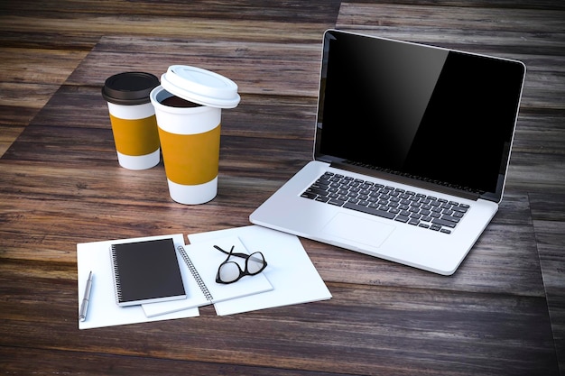 Configurazione del luogo di lavoro di rendering 3D con documenti per laptop e tazze da caffè