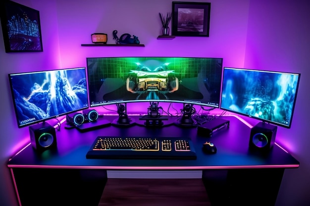 Configurazione di gioco Un set di tre monitor per computer con una luce a led rosa