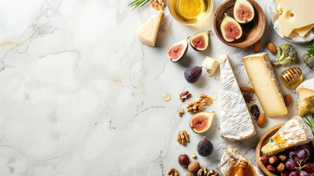 Confine angolare di una selezione di formaggi, fichi, noci e miele Sopra la vista del banner su uno sfondo di marmo bianco con spazio di copia