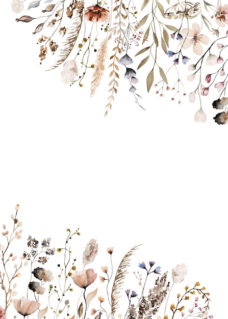 Confine con acquerello autunno fiori selvatici semi e foglie illustrazione isolata