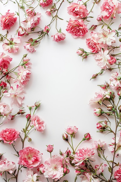 Confine di cornice vicino di fiori rosa con uno sfondo bianco I fiori sono disposti in cerchio con alcuni sovrapposti e altri in piedi da soli