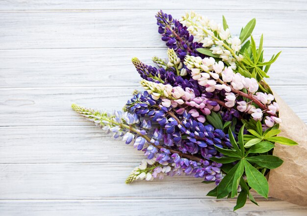 Confine di fiori di lupino rosa e viola