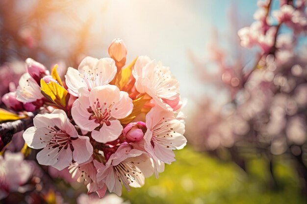 Confine di fiori primaverili bellezza della natura con alberi in fiore scintilla del sole sfondo astratto sfocato