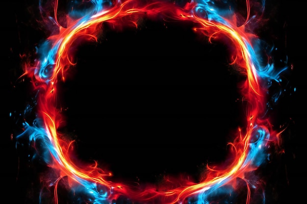 Confine di fuoco blu e rosso e spazio vuoto al centro su sfondo nero