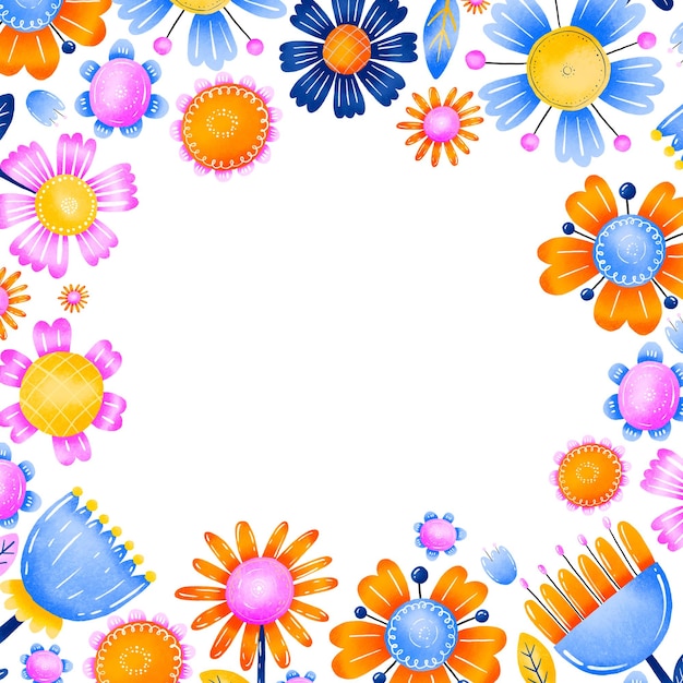 Confine quadrato con fiori decorativi luminosi Teste di fiori in fiore Invito di biglietto di auguri Poster primaverile e primaverile Illustrazione di cartoni animati disegnata a mano