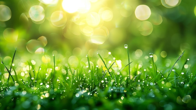 Confine verde di erba con goccia d'acqua, luce solare e bokeh