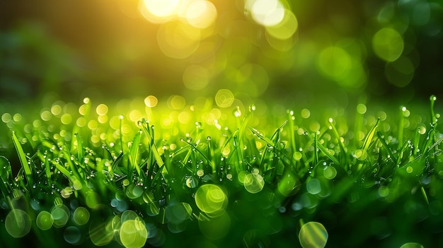 Confine verde di erba con goccia d'acqua, luce solare e bokeh