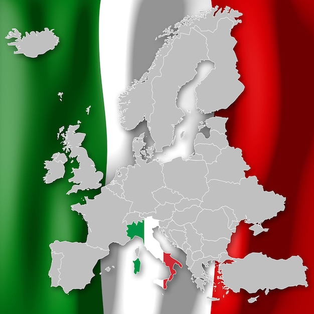 Confini e bandiera dell'Italia selezionati sulla mappa dell'Europa