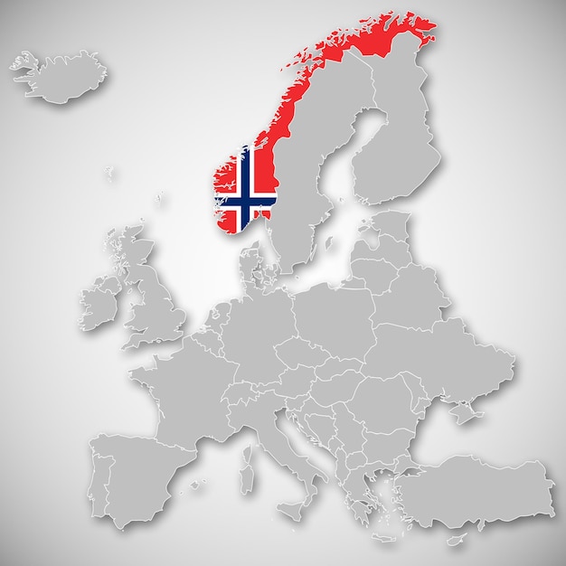 Confini e bandiera della Norvegia selezionati sulla mappa dell'Europa