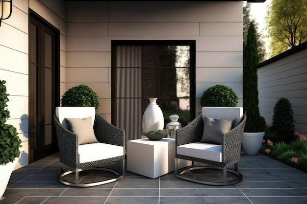 Confortevole patio moderno con comode sedie e tavolino creato con intelligenza artificiale generativa