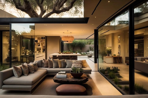 Confortevole patio moderno racchiuso da pareti di vetro con comodi divani creati con intelligenza artificiale generativa