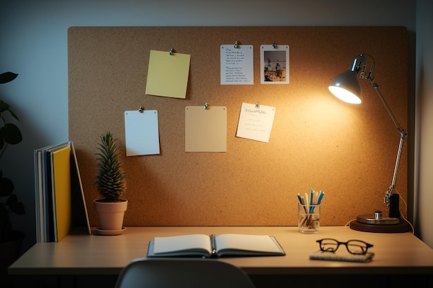 Confortevole spazio studio o ufficio con una lampada e una bacheca di sughero come sfondo Punto di vista cosmico