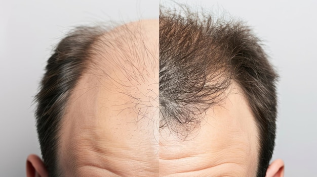 Confronto dei capelli di un uomo prima e dopo il trattamento per il trapianto di capelli