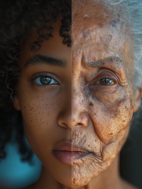Confronto giovane e anziano volto di bella donna afroamericana concetto di vita salute e bellezza