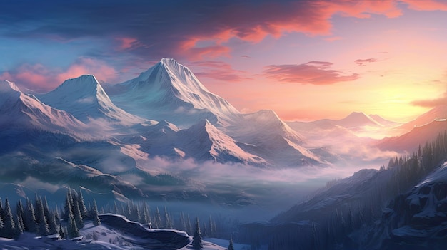 Congelamento delle montagne innevate della mattina d'inverno all'alba