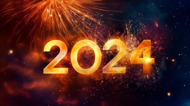 Congratulazioni per la celebrazione del nuovo anno 2024 sullo sfondo con fuochi d'artificio