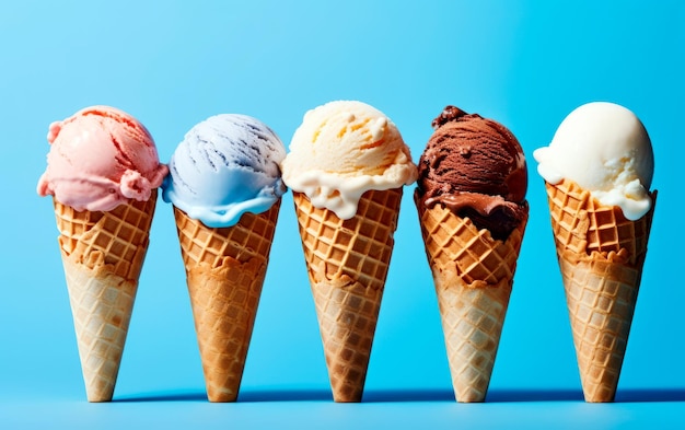 Coni di gelato di cioccolato, vaniglia, fragole e mirtilli su sfondo blu