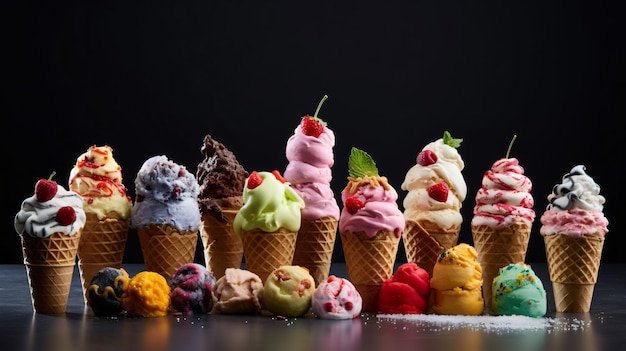 Coni di gelato in una varietà di sapori