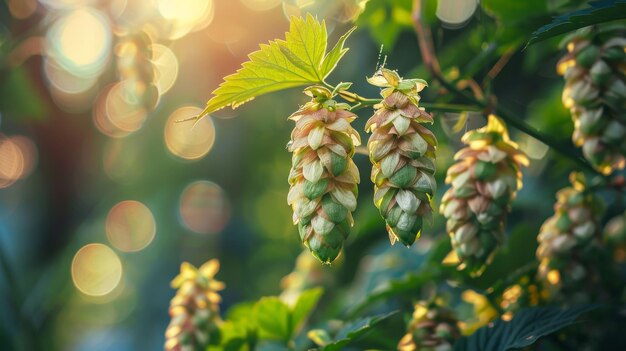 Coni di luppolo su uno sfondo sfocato di una birreria essenza di birra