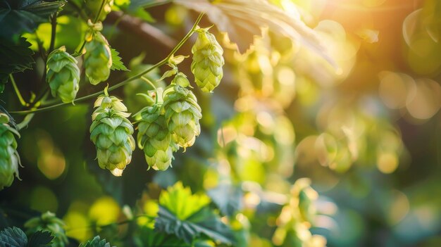 Coni di luppolo su uno sfondo sfocato di una birreria essenza di birra