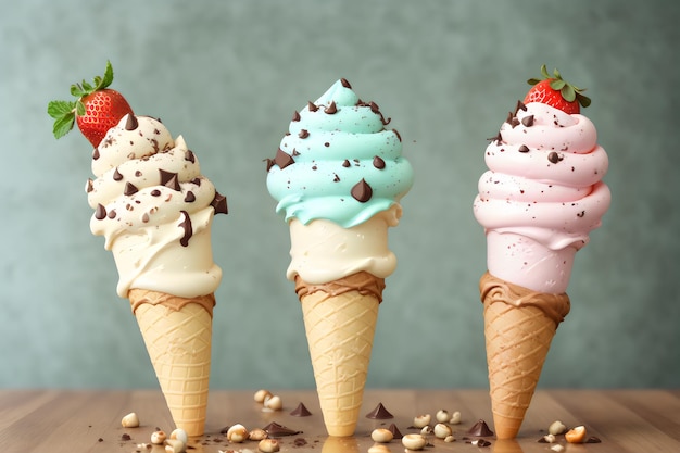 coni gelato alla menta nocciola e cioccolato arancia e fragola