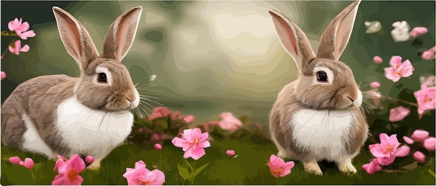 Conigli Bellissimo vettore di disegno artistico di simpatici coniglietti pasquali in un prato fiorito Fiori primaverili e verde
