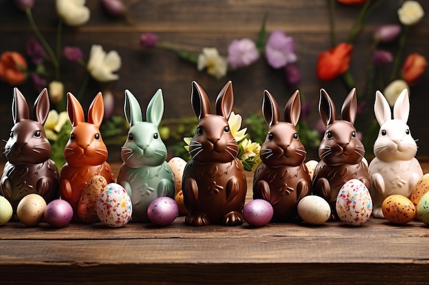 Conigli di Pasqua al cioccolato in fila con le uova