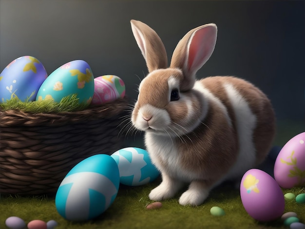 Conigli felici con le uova di Pasqua Illustrazione generativa dell'IA