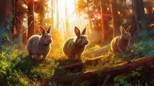 Conigli incantati che saltano attraverso una foresta Concetto di fantasia Illustrazione pittura