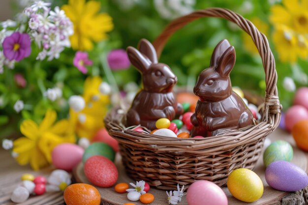 Coniglietti di cioccolato per la celebrazione della Pasqua e uova colorate in un cestino