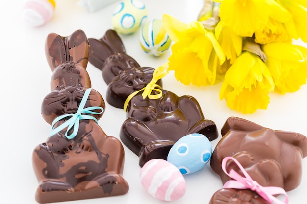 Coniglietti pasquali di cioccolato a base di cioccolato al latte e fondente.