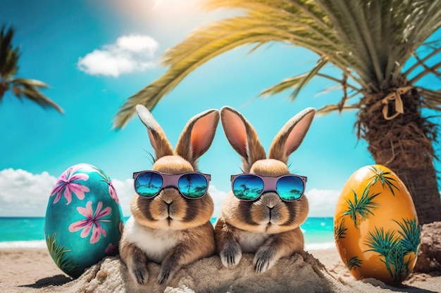 Coniglietti pasquali e colorate uova di Pasqua su una spiaggia di sabbia Vacanze di Pasqua IA generativa