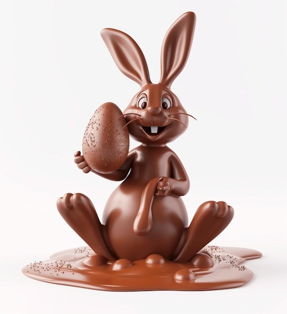 Coniglietto al cioccolato seduto in salsa al cioccolate con un uovo di Pasqua 3D