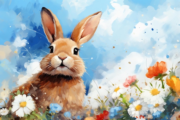 Coniglietto allegro in mezzo a fioriture primaverili sotto il cielo blu