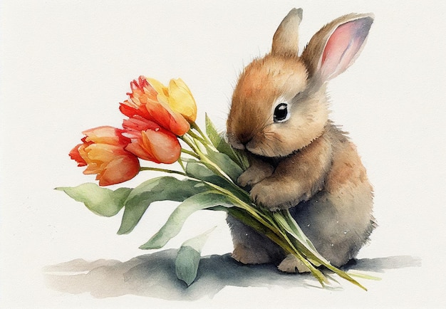 Coniglietto bambino che tiene in regalo un mazzo di tulipani acquerello. Cartolina di Pasqua. Carta di Pasqua con