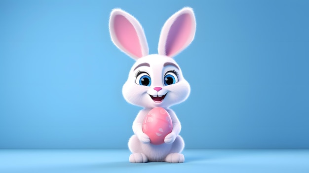 Coniglietto bianco allegro che tiene un uovo rosa nelle zampe AI generativa