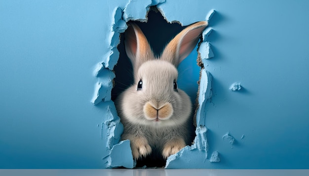 Coniglietto bianco che fa capolino da un buco in un muro blu Striscione del coniglio di Pasqua IA generativa