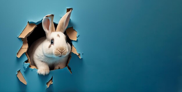 Coniglietto bianco che fa capolino da un buco in un muro blu Striscione del coniglio di Pasqua IA generativa