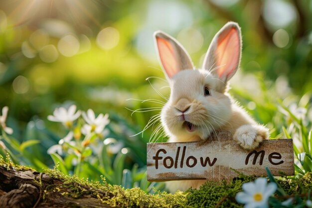 Coniglietto bianco di Pasqua nell'erba accanto a un cartello di legno