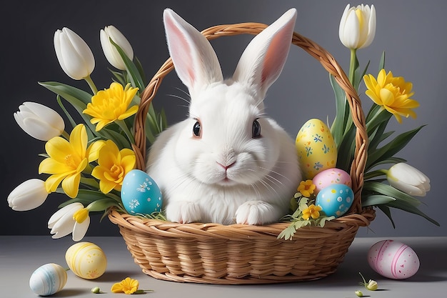 Coniglietto bianco dolce e soffice di Pasqua in un cestino giallo con fiori su sfondo grigio