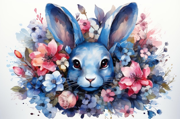 Coniglietto blu di Pasqua e fiori rosa di primavera illustrazione ad acquerello per decorazioni o feste