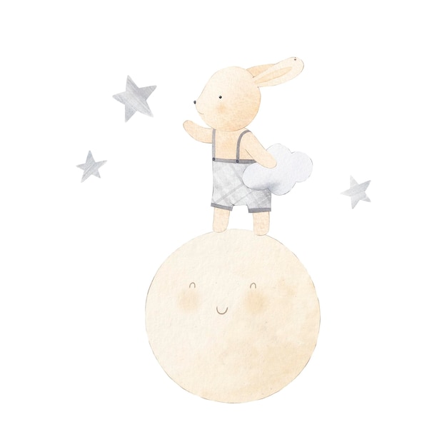 Coniglietto carino con stelle Illustrazione acquerello Arredamento per bambini