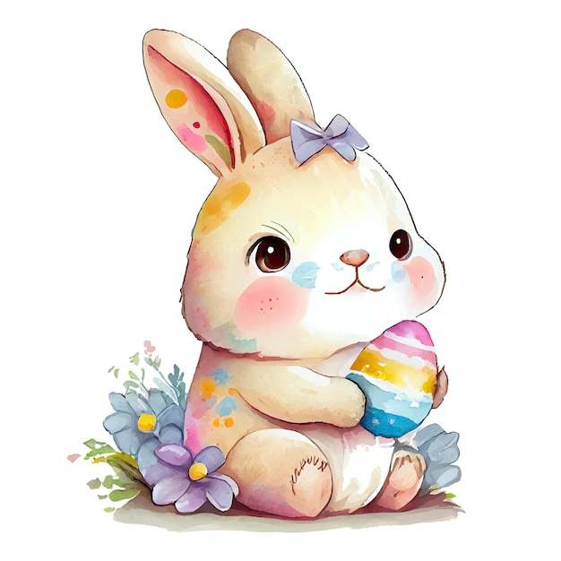 Coniglietto carino dell'acquerello con il carattere animale del fumetto dell'uovo isolato sfondo bianco