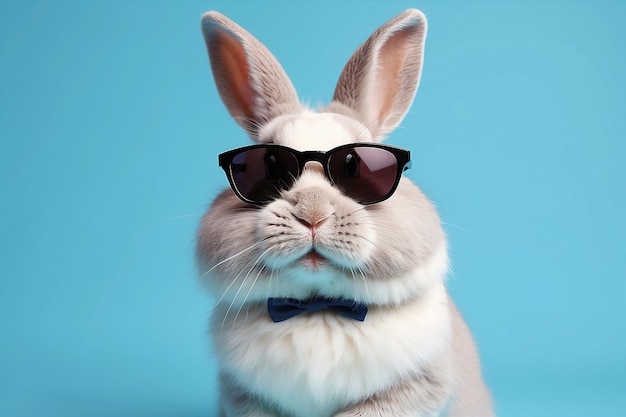Coniglietto carino e divertente che indossa occhiali da sole su sfondo colorato Spazio per il testo