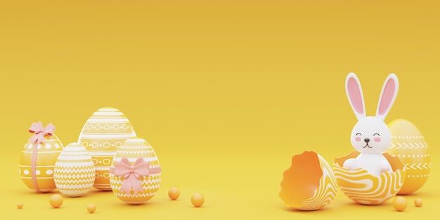 Coniglietto decorato e uova di Pasqua su sfondo giallo.Concetto delle vacanze di Pasqua. Rendering 3D.