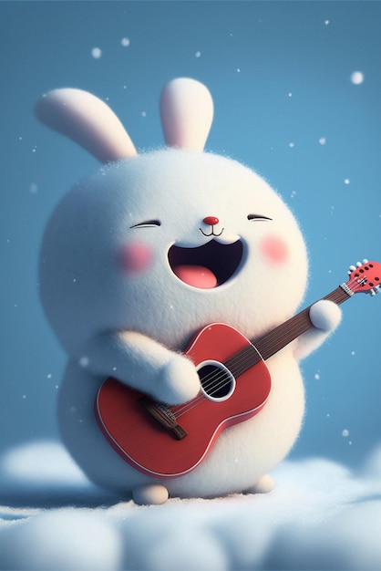Coniglietto del fumetto che suona una chitarra nella neve generativa ai