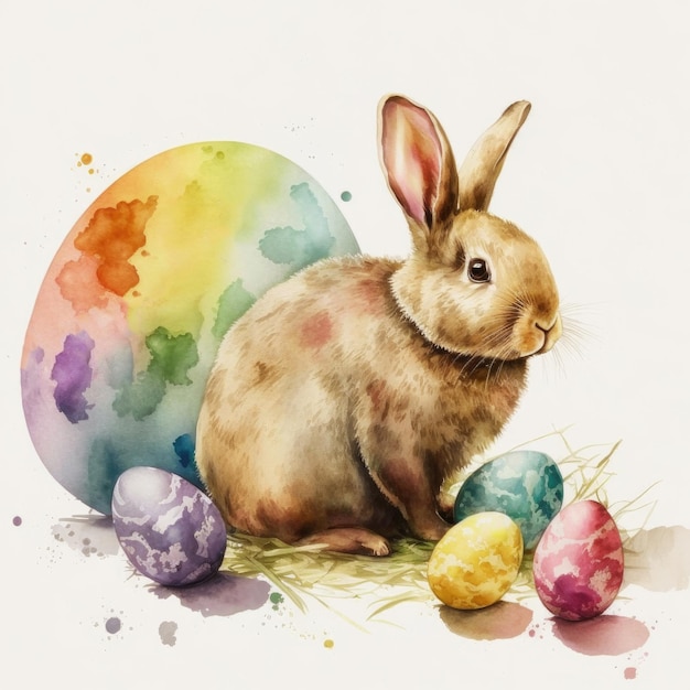 Coniglietto dell'acquerello di Pasqua con uova e fiori IA generativa