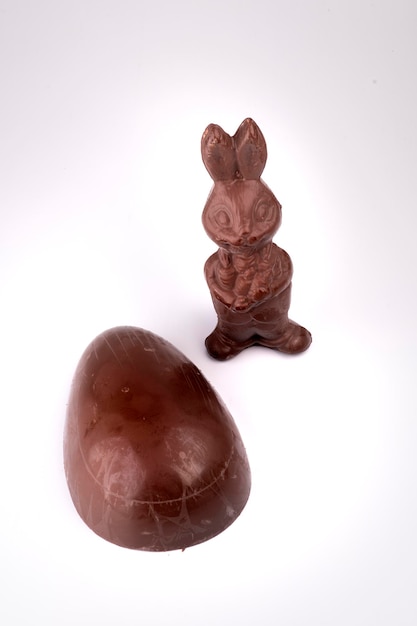 Coniglietto di pasqua al cioccolato fatto in casa e uovo di cioccolato isolato vista dall'alto su sfondo bianco