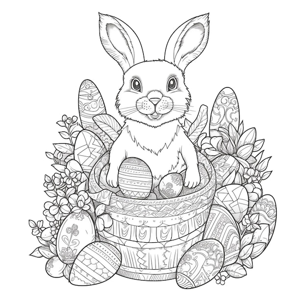 Coniglietto di Pasqua con cesto di uova decorate libro da colorare